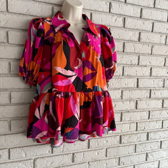 Meet Me In Santorini Women’s V-Neck Collared Puff Sleeve Blouse Large - Picture 2 of 8